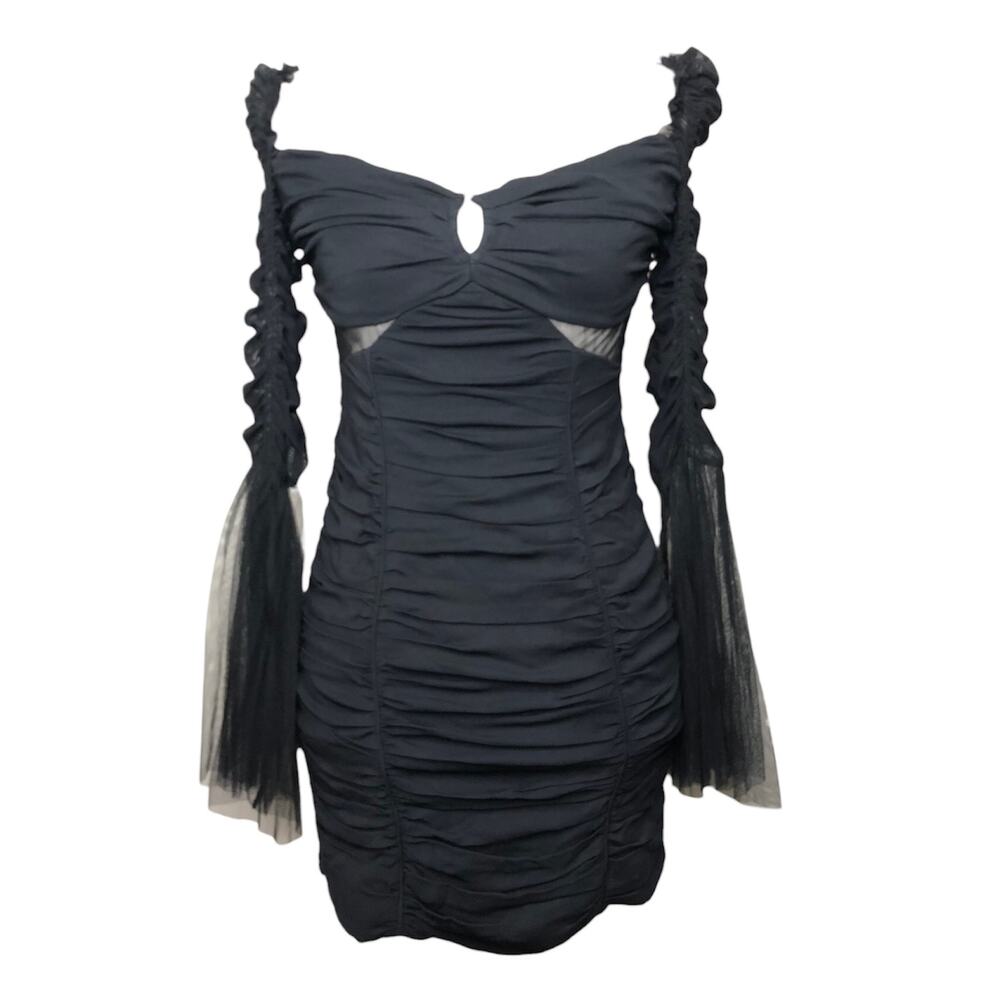 Self Portrait Dress Stretch Ruched Flared Sleeve Mini Dress Cutout Tulle 4